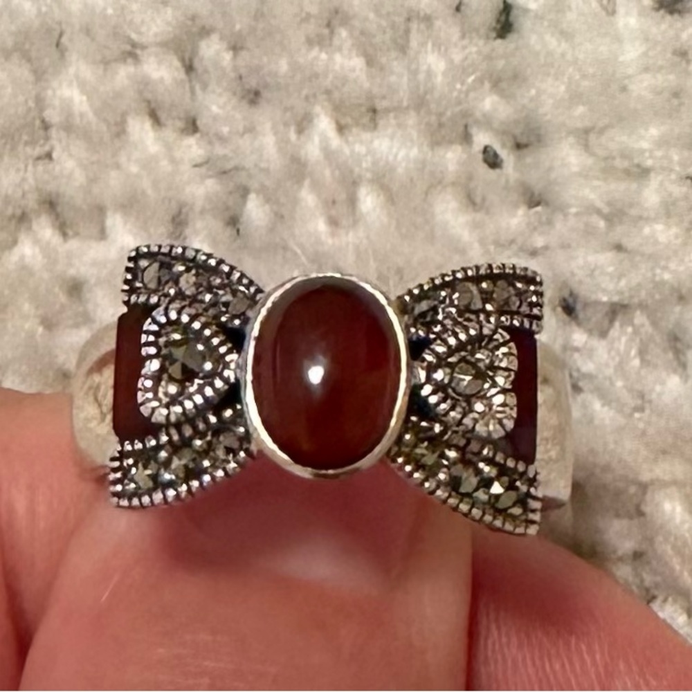 Sterling Silver Natural Carnelian And Marcasite Bow Ring